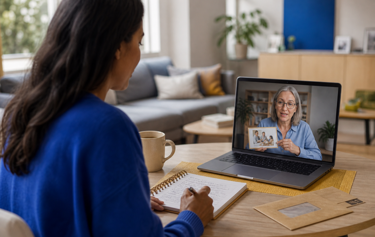 Eine Frau übt mit ihrer Online-Lehrerin ein Gespräch für den Alltag